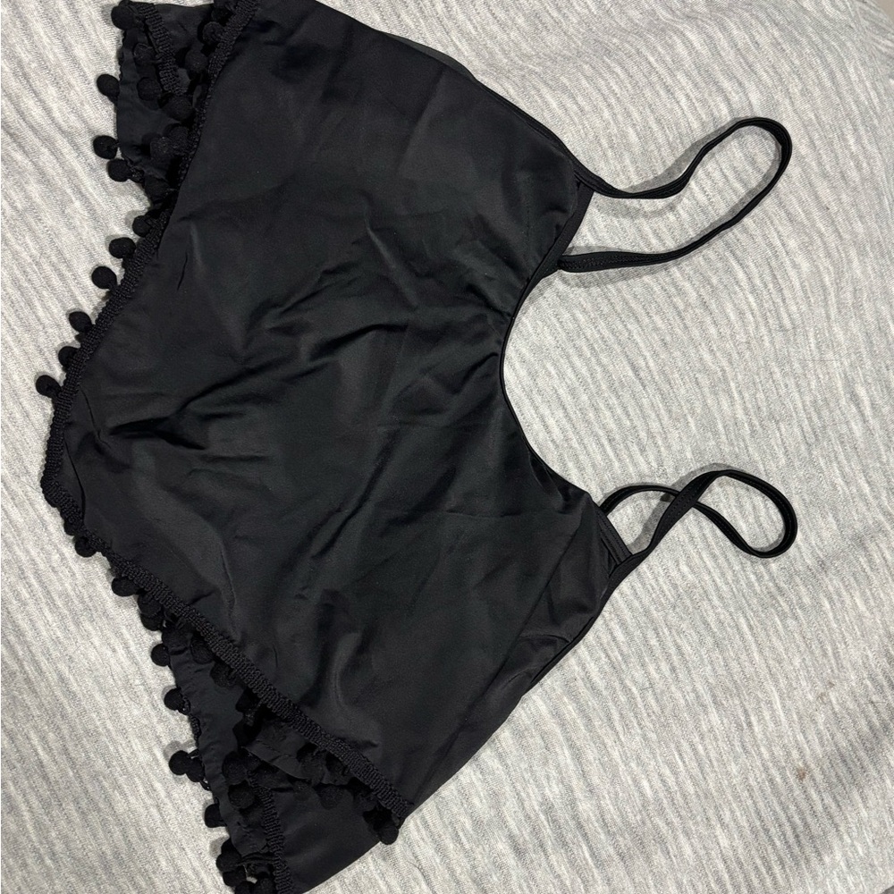 Black Pom Pom Trim Bikini Top Swimsuit Ruffle Flounce Cups Size M